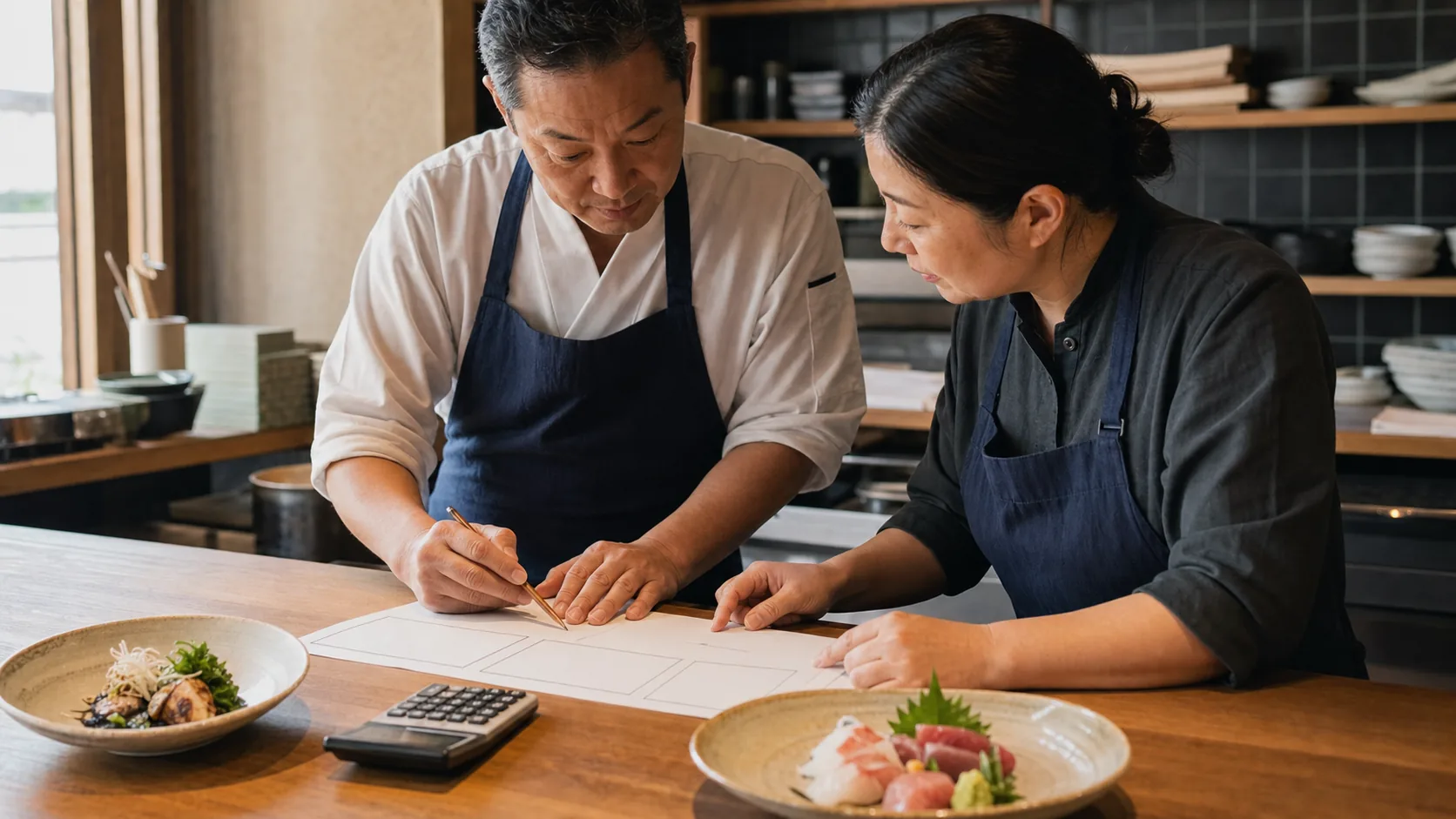 料理の原価とメニュー構成を確認する飲食店スタッフ