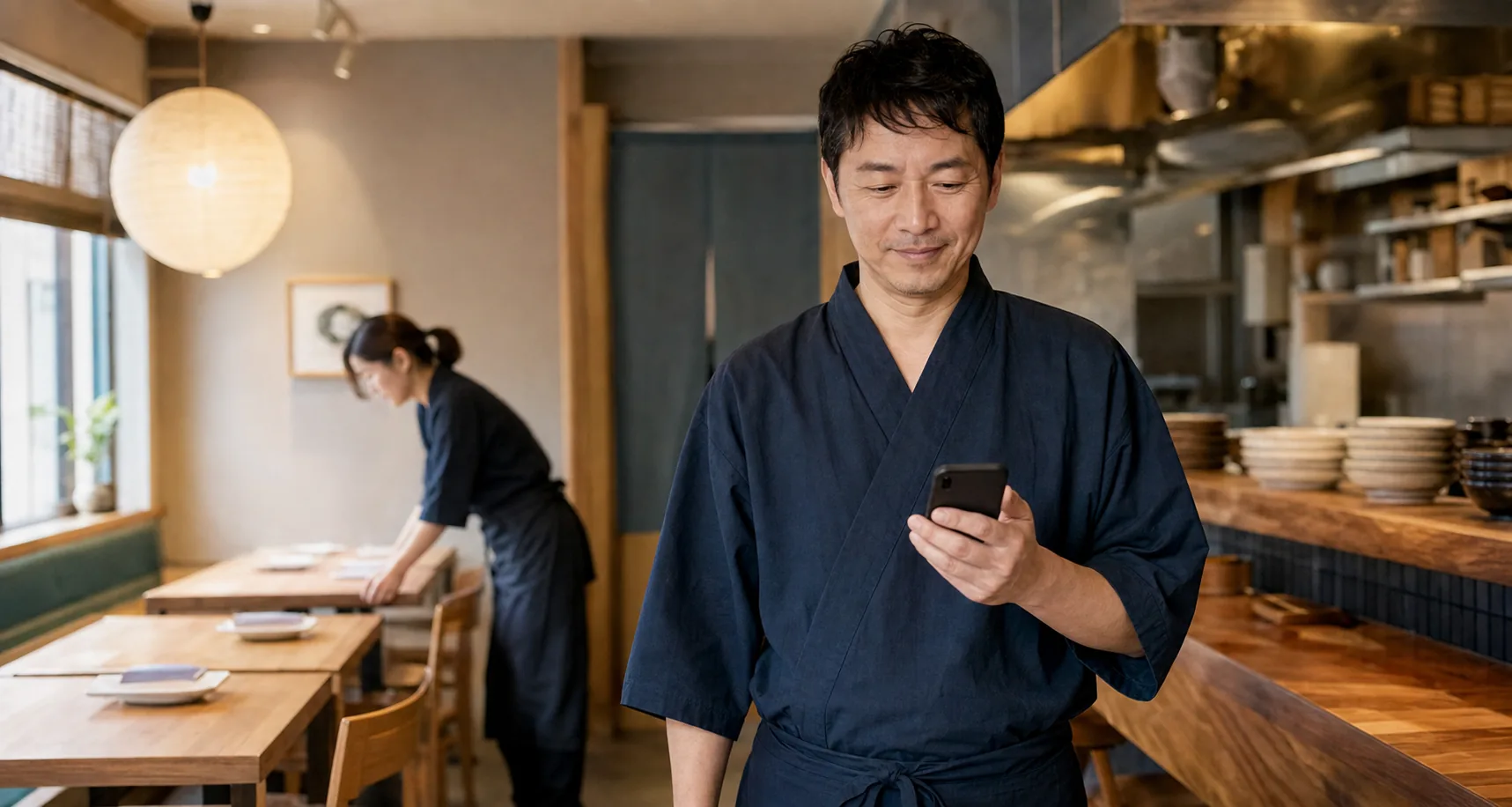 開店準備中にスマートフォンの着信内容を確認する飲食店オーナー